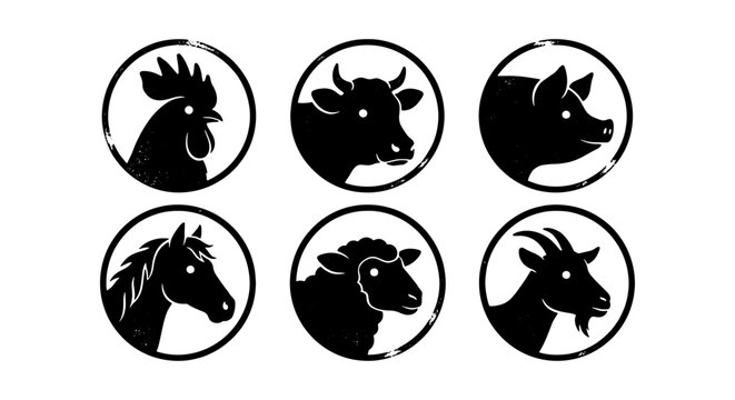 Vintage farm animal silhouettes, set of 6 rustic livestock icons in circles, black and white barnyard animal head vectors for butchery and organic food branding