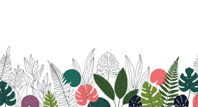 Horizontal border of various tropical leaves in color and line art including palm and monstera for summer party decorations.