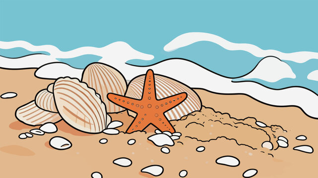 Starfish and Seashells on Sandy Beach with Waves
