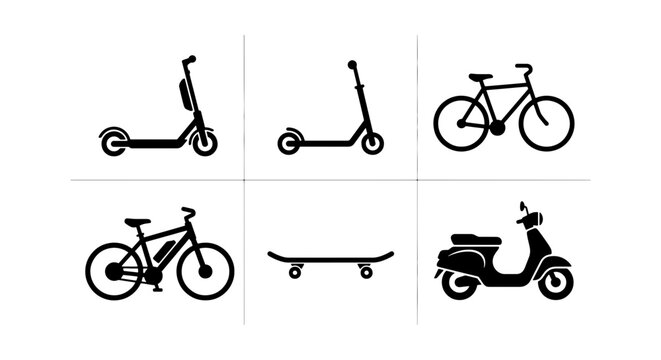 Modern micro mobility icons set, black silhouette electric scooter and bicycle vector illustrations, urban transport and skateboard symbols