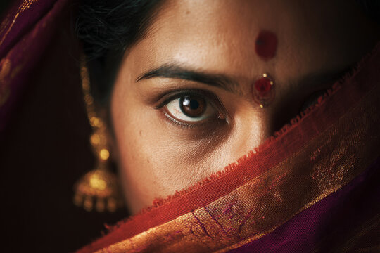 Soft lighting featuring hindu woman face partially covered with sari pallu showing bindi and gold jewelry, soft dramatic lighting in minimal