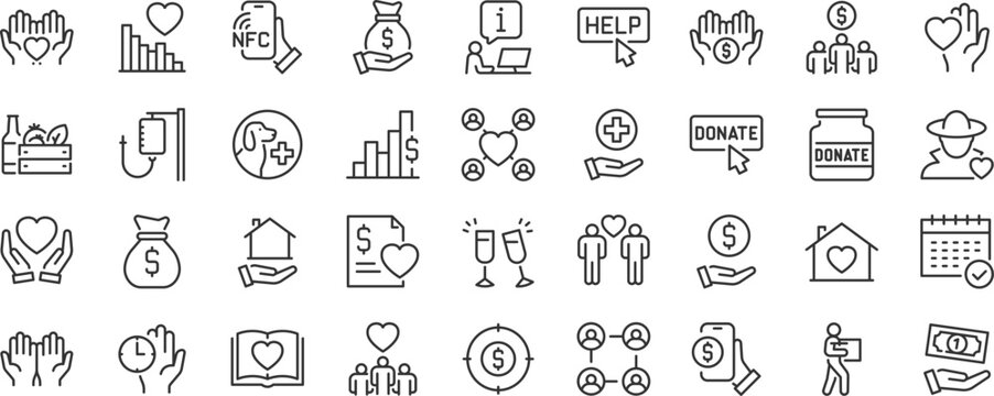 Donation web icons. Charity, now, money, nonprofit, donor, volunteer, community, collection. Editable stroke. Vector