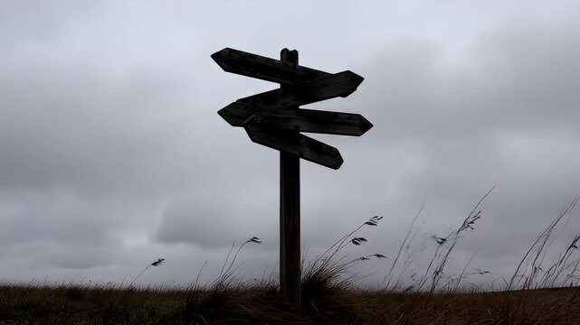 Wooden signpost with multiple arrows under a cloudy sky