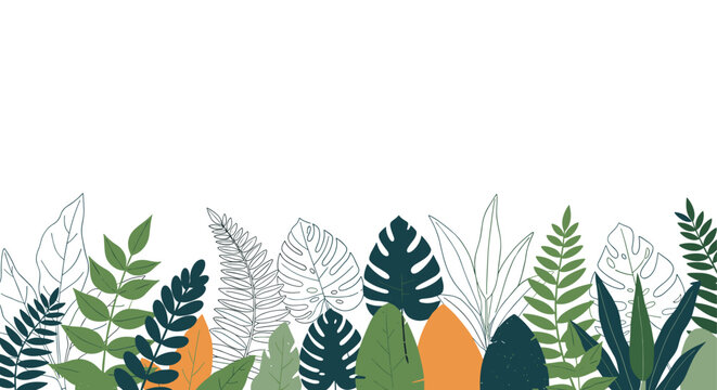 Tropical leaf border illustration features various green exotic plants and ferns arranged along the bottom edge on a white background.