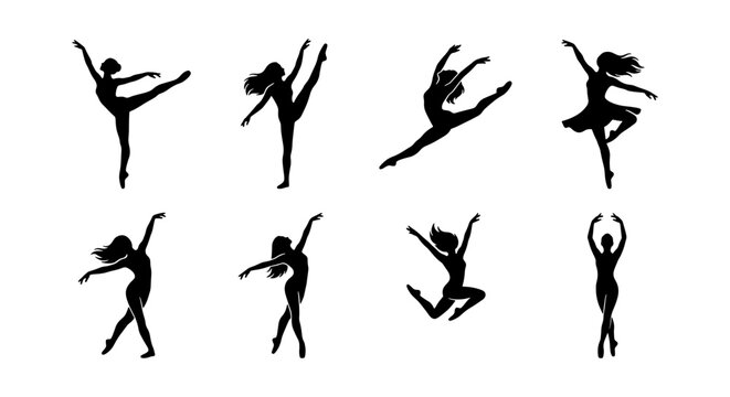 Graceful ballet dancer silhouettes, set of 8 ballerina vector icons. Elegant female dancers in jumping and leaping poses, black artistic dance figures