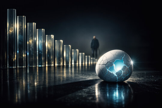Cracked porcelain egg glowing icy blue on obsidian surface with descending glass panels and distant elderly silhouette metaphor for birth rate decline demographics and shrinking workforce