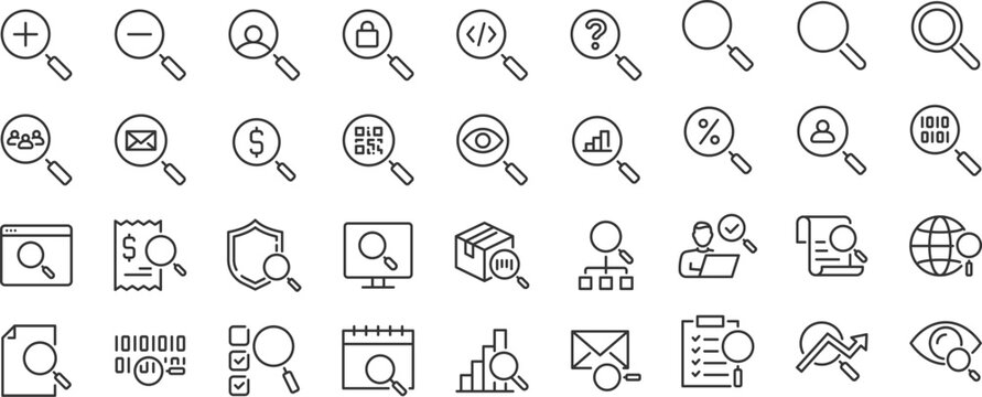 Search web icons. Magnify glass, web search, find document, interface, collection. Editable stroke. Vector