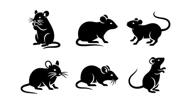 Black rat silhouette icons set, 6 minimalist mouse vector elements, rodent animal shapes in various poses, simple pest control and wildlife graphics