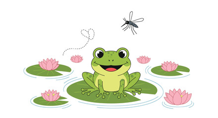 Fototapeta premium Cute green frog sits happily on a lily pad in a pond surrounded by pink lotus flowers while a mosquito flies nearby in the air.