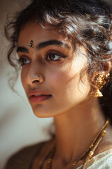 Fototapeta premium Minimal close-up portrait of hindu woman with bindi and delicate gold jewelry looking slightly to the side, soft natural light and creamy bokeh background with natural light