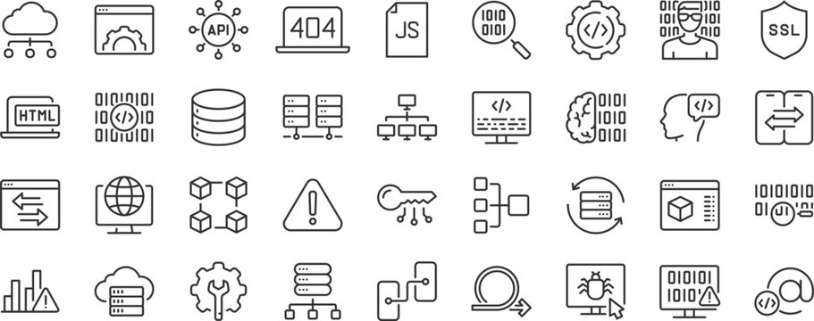 Programming and coding web icons. Information technology, developer, idea, advertising, app, archive, collection. Editable stroke. Vector