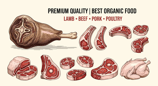 Comprehensive collection of various raw meat cuts including lamb, beef, pork, and poultry shown in a detailed vintage style.