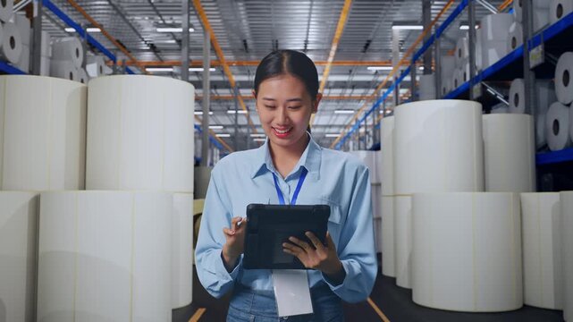Asian Female With Her Tablet at Warehouse with Rows of Stacked White Polymer and Paper Rolls, Work Continuously With Her Tablet