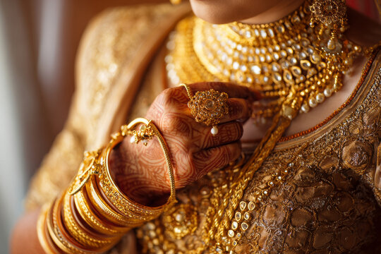 Indian bride hands showing traditional gold bangles, rings and henna patterns while gently touching bridal necklace, detailed jewelry textures, warm natural light background with natural light