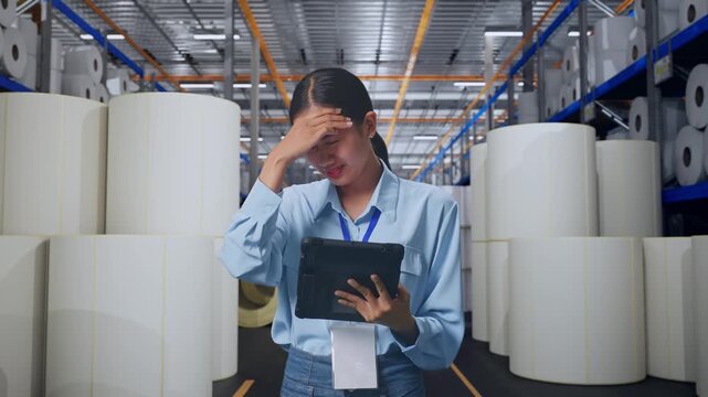 Asian Female With Her Tablet at Warehouse with Rows of Stacked White Polymer and Paper Rolls, She Is Nodding Her Shead With Dissapionted