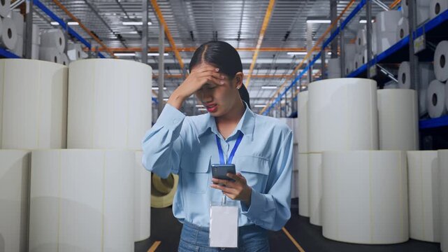 Asian Female With Her Smarphone at Warehouse with Rows of Stacked White Polymer and Paper Rolls, She Is Nodding Her Shead With Dissapionted