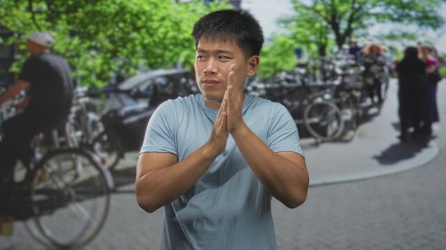 Young chinese man clasping hands to mouth in front of a row of parked bicycles on a busy street; worry contemplation.