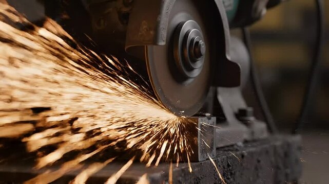 Grinding metal bar with angle grinder throwing sparks in workshop