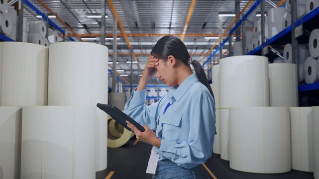 Side View Of Asian Female With Her Tablet at Warehouse with Rows of Stacked White Polymer and Paper Rolls, Checking With Dissapionted And Nodding Her Shead 