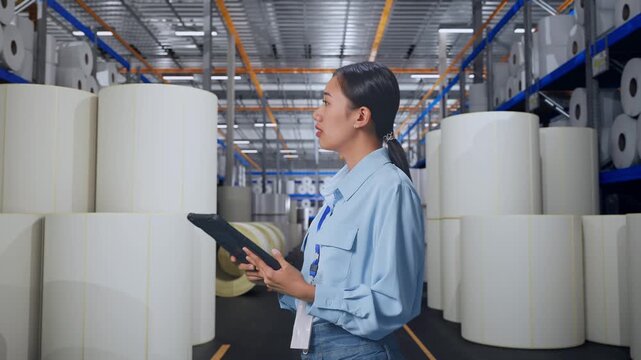 Asian Female Professional Worker at Warehouse with Rows of Stacked White Polymer and Paper Rolls, Observes By Looking Up Before She Come To Concentrating On The Tablet And Keep On Checking