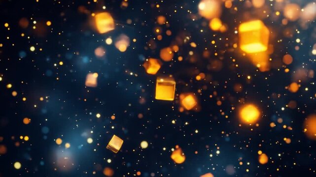 Abstract glowing cubes floating in a dark background with bokeh effect