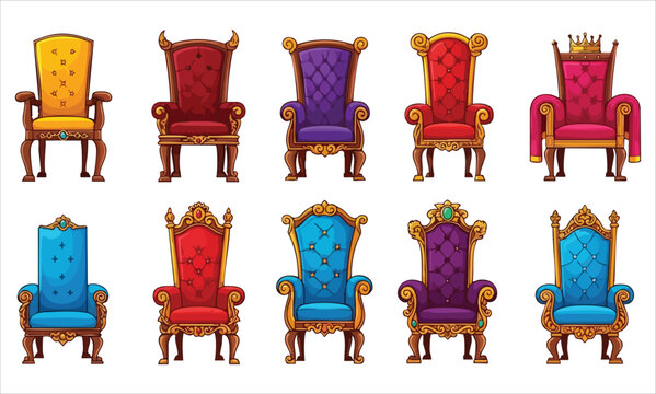 A collection of colorful medieval royal thrones and elegant fantasy chairs with gold trim.