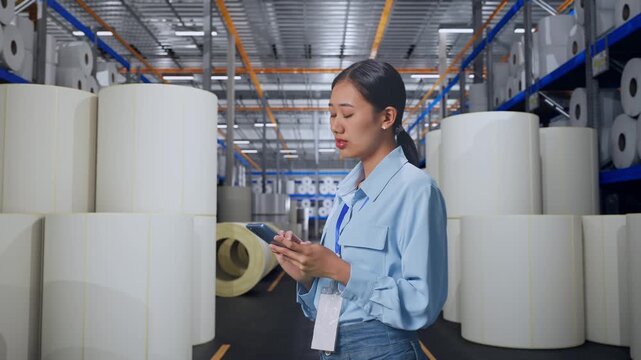 Side View Of Asian Female at Warehouse with Rows of Stacked White Polymer and Paper Rolls, Observes By Looking Up Then She Come To Concentrating On The Phone And Keep On Checking