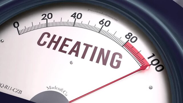 Cheating off the charts. Meter showing increasing, dangerous and high levels of cheating, potential overload. Maximum and critical cheating