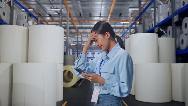 Side View Of Asian Female With Her Smartphone at Warehouse with Rows of Stacked White Polymer and Paper Rolls, Checking With Dissapionted And Nodding Her Shead 