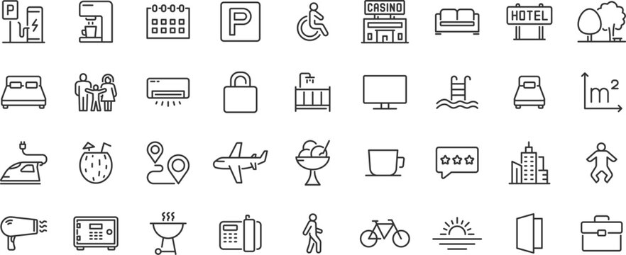 Resort Hotel web icons in line style. Wellness, beach, tourism, hotel, passport, maps, spa, landscape, camera. Icon collection. Vector