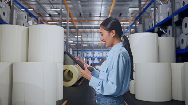 Side View Of Asian Female With Her Tablet at Warehouse with Rows of Stacked White Polymer and Paper Rolls, Checking On Her Tablet With Meditation