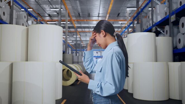 Side View Of Asian Female With Her Tablet at Warehouse with Rows of Stacked White Polymer and Paper Rolls, Checking With Dissapionted And Nodding Her Shead 