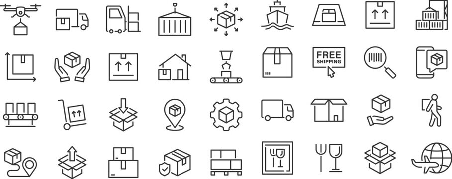 Delivery and logistics web icons. Courier, shipping, express delivery, warehouse, truck, scooter, container, tracking order, support, business. Editable stroke. Vector