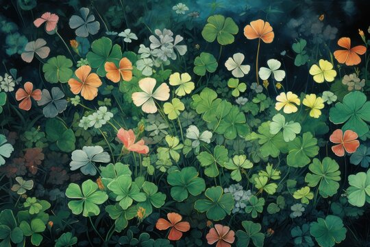 Colorful oxalis flowers and leaves creating a beautiful natural pattern at night