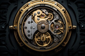 Fototapeta premium Golden gears and components of a complex clockwork mechanism interlock, showcasing precision engineering and the art of timekeeping