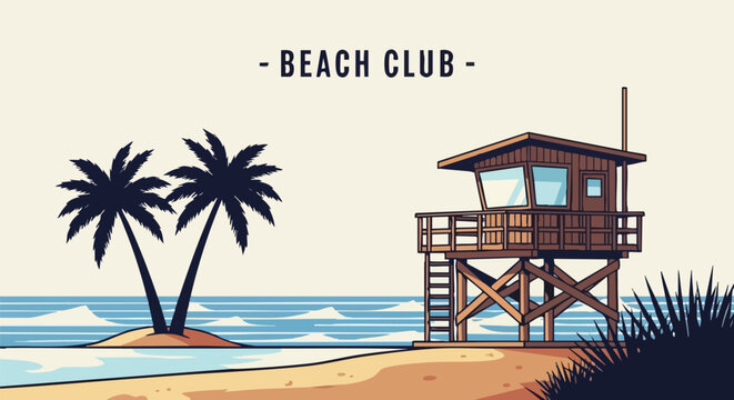 Vintage Beach Club vector illustration, retro lifeguard tower on tropical coast with palm trees, summer vacation surf resort poster design