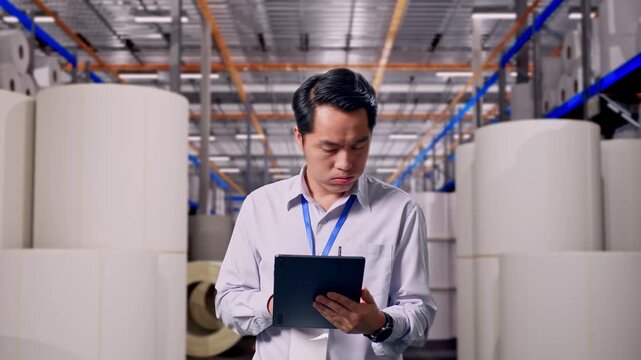 Asian Male Worker Standing With His Tablet at Warehouse with Rows of Stacked White Polymer and Paper Rolls, He Is Nodding His Head With Dissapionted