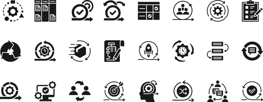 agile icon set collection. pack contain scrum, sprint, kanban, flow, cycle, interaction, task, board, team, communication icon