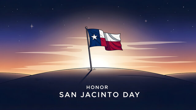 Minimal vector illustration of the Texas flag on a hill at sunset, symbolizing honor and remembrance for San Jacinto Day.