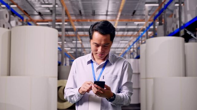 Asian Male Worker Standing With His Smartphone at Warehouse with Rows of Stacked White Polymer and Paper Rolls, Work Continuously On His Device