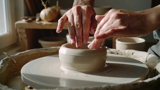 Potter s hands shaping clay on a spinning wheel in studio