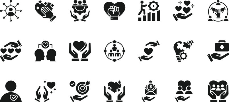 volunteering icon set collection. pack contain help, aid, care, give, unity, service, support, action, humanity, kindness icon