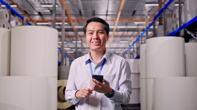 Asian Male Worker Standing With His Smartphone at Warehouse with Rows of Stacked White Polymer and Paper Rolls, He Is Looking At The Camera With A Smile