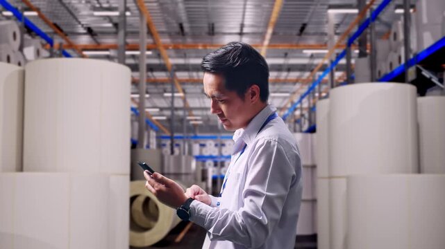 Asian Male Worker Standing With His Smartphone at Warehouse with Rows of Stacked White Polymer and Paper Rolls, Checking On His Smartphone With Meditation