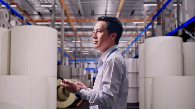 Asian Male Worker Standing at Warehouse with Rows of Stacked White Polymer and Paper Rolls, Observes By Looking Up Then He Come To Concentrating On The Phone And Keep On Checking