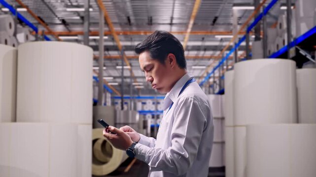 Asian Male Worker Standing With His Smartphone at Warehouse with Rows of Stacked White Polymer and Paper Rolls, Checking With Dissapionted And Nodding His Head 
