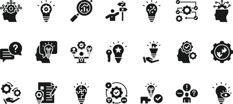 Problem solving icon set collection. Icon pack contains solution, logic, strategy, thinking, decision, process, analysis, creativity, mindset, reasoning, idea, trouble, fix, issue
