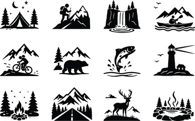 Fototapeta premium Minimalist nature landscape icon set featuring mountains, hills, trees, rivers, and sun for outdoor themed designs 