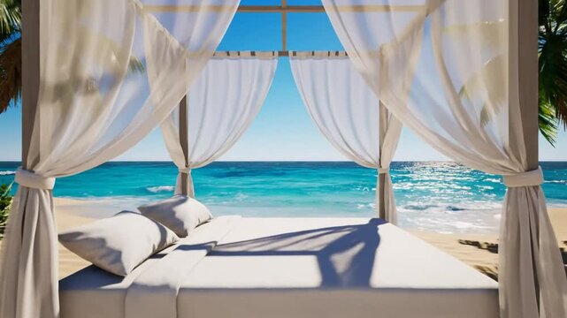 Luxurious beachfront bed canopy with billowing white curtains and stunning turquoise ocean view on a sunny day