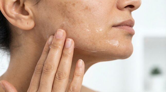 Woman Applying Hydrating Gel to Her Face to Address Hyperpigmentation and Uneven Skin Tone